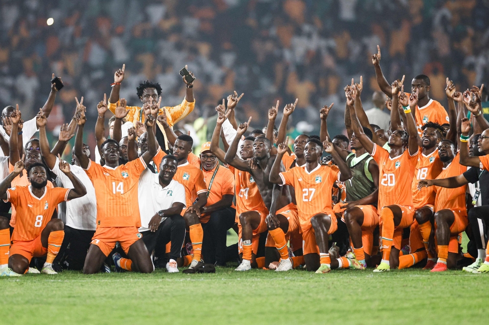 Ivory Coast's players celebrate after the victory at the end of the Africa Cup of Nations (CAN) 2024 round of 16 football match between Senegal and Ivory Coast at the Stade Charles Konan Banny in Yamoussoukro January 29, 2024. — AFP pic