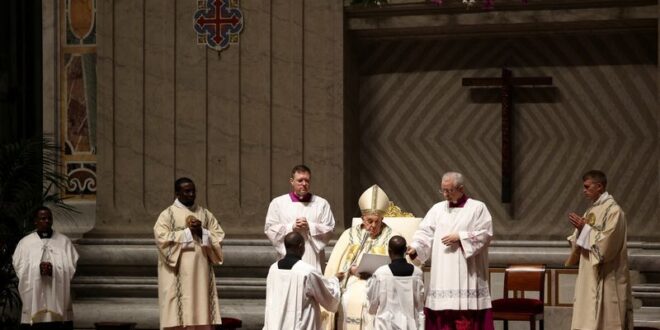 Pope soldiers through Easter Vigil after missing procession