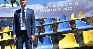 Football Soccer Ukraine shows shell blasted Kharkiv stadium seats to remind Euro